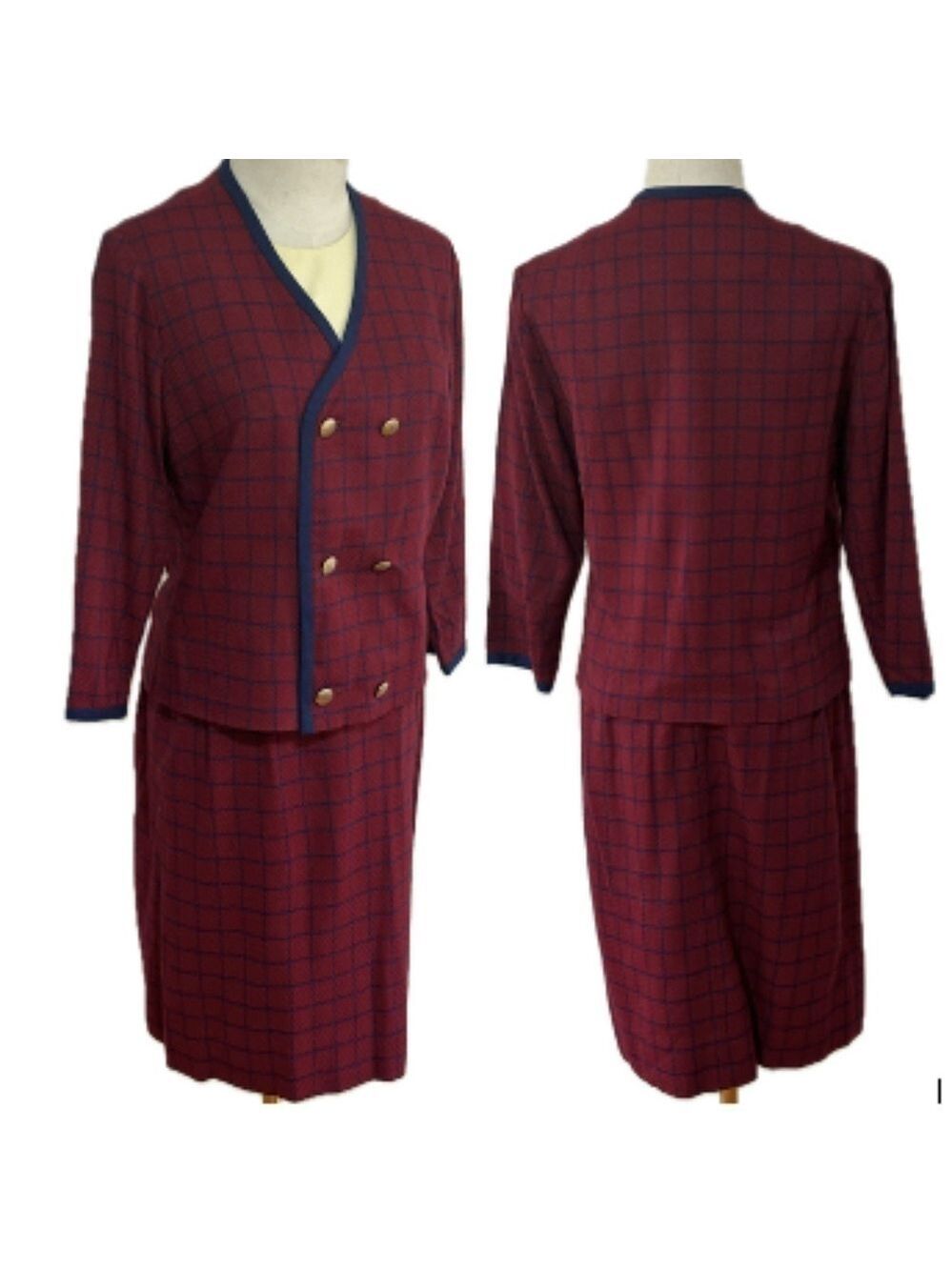 50s 60s 2PC BURGUNDY RED & NAVY MCM TATTERSALL SUIT MISS COUTURE VINTAGE VGC 12